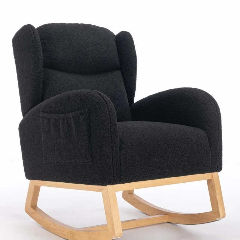 Cozy Teddy Fabric Rocking Chair with Wingback and Larger Seat, Ergonomic Nursery Chair for Living Room Bedroom, 38'' L x 28"W x 40" H, Black