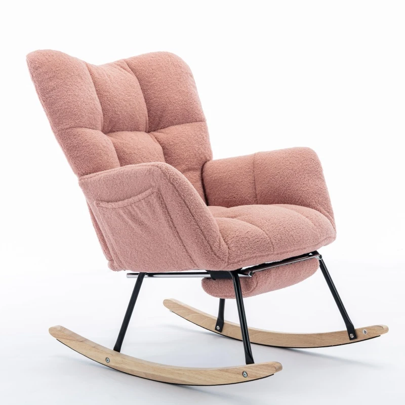Snug Teddy Fabric Rocking Chair with Adjustable Footstool, Ergonomic Nursery Chair for Living Room Bedroom, 37-49'' L x 26"W x 35-36" H, Pink