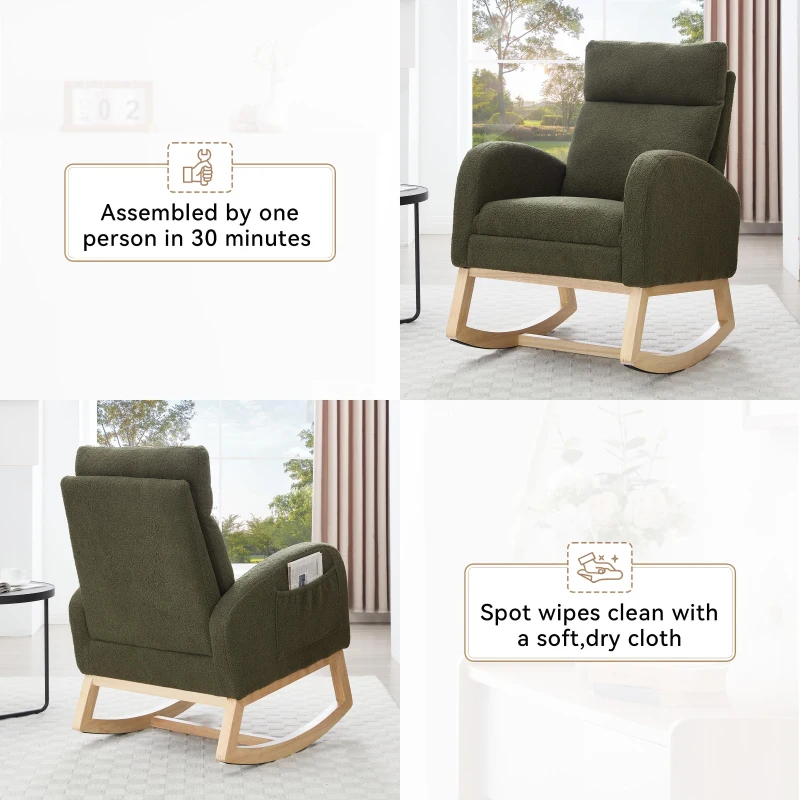 Plush Teddy Fabric Rocking Chair with Adjustable Footstool, Ergonomic Nursery Chair for Living Room, 35-49'' L x 27.5"W x 40-41.5" H, Green