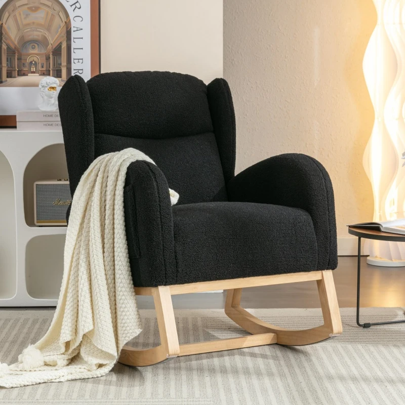 Cozy Teddy Fabric Rocking Chair with Wingback and Larger Seat, Ergonomic Nursery Chair for Living Room Bedroom, 38'' L x 28"W x 40" H, Black