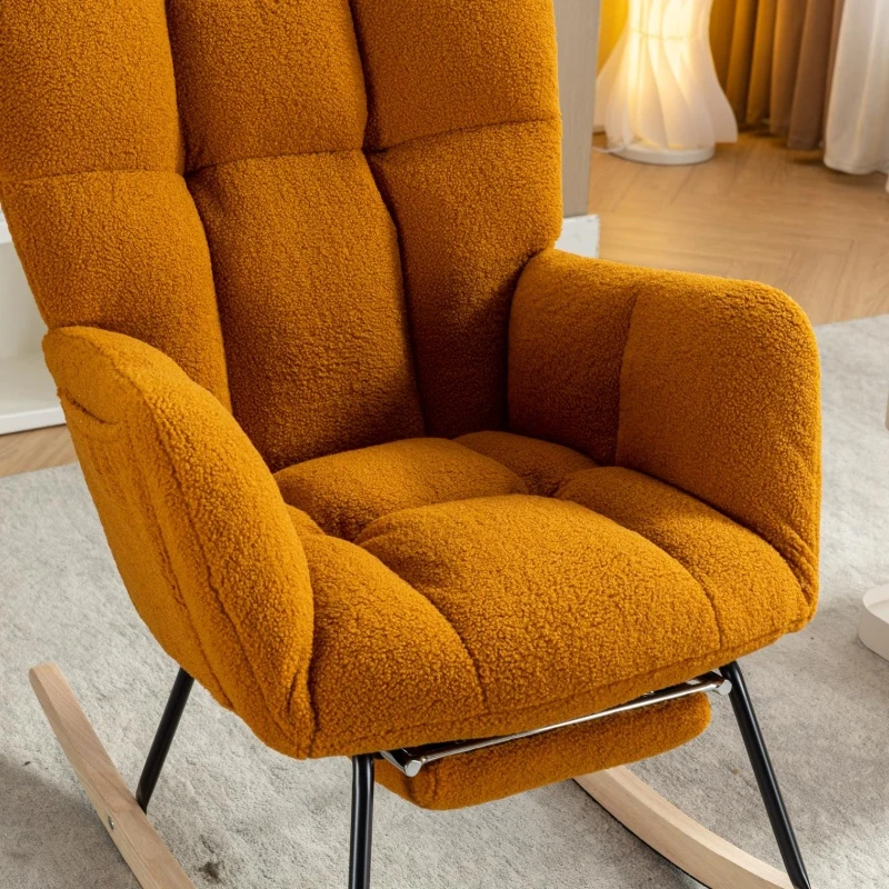 Cozy Teddy Fabric Rocking Chair with Adjustable Footstool, Ergonomic Nursery Chair for Living Room Bedroom, 37'' L x 26"W x 35" H, Caramel