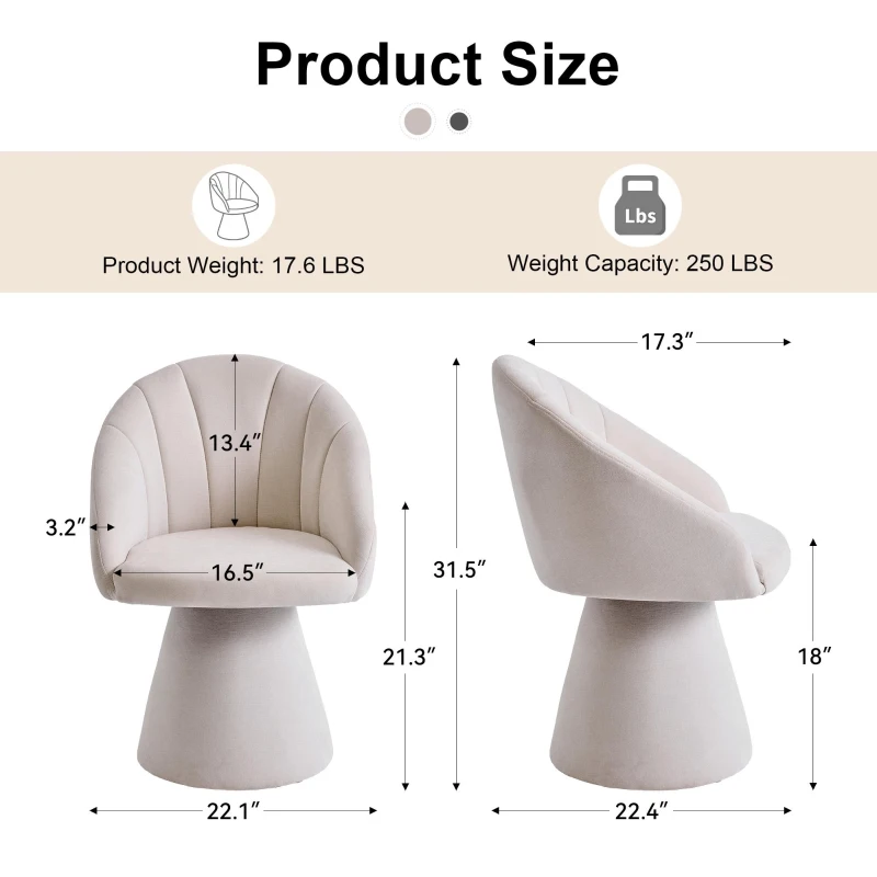 Elegant Swivel Accent Armchair with Curved Backrest, Chenille Vanity Chair with 360° Rotation and Armrests, 22.5'' L x 22" W x 31.5" H, Beige
