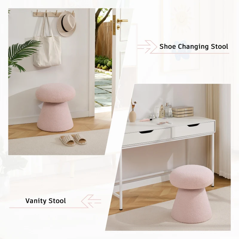 Cozy Mushroom Ottoman with Teddy Upholstery and 360° Swivel, Chic Footstool with Non-Slip Feet and No Assembly, 16'' L x 16" W x 17.5" H, Pink
