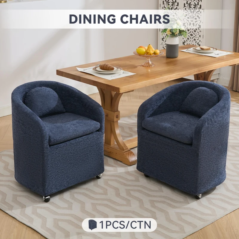 Soft Elegant Chenille Dining Armchair with Back Cushion, Modern Ergonomic Swivel Chair with Universal Wheels, 22'' L x 24.5" W x 30" H, Blue
