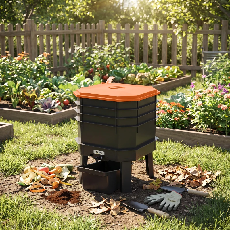 Outsunny 4-Tray Worm Composter Bin, 7.4 Gal Outdoor & Indoor Worm Composter for Recycling Food Waste, Orange