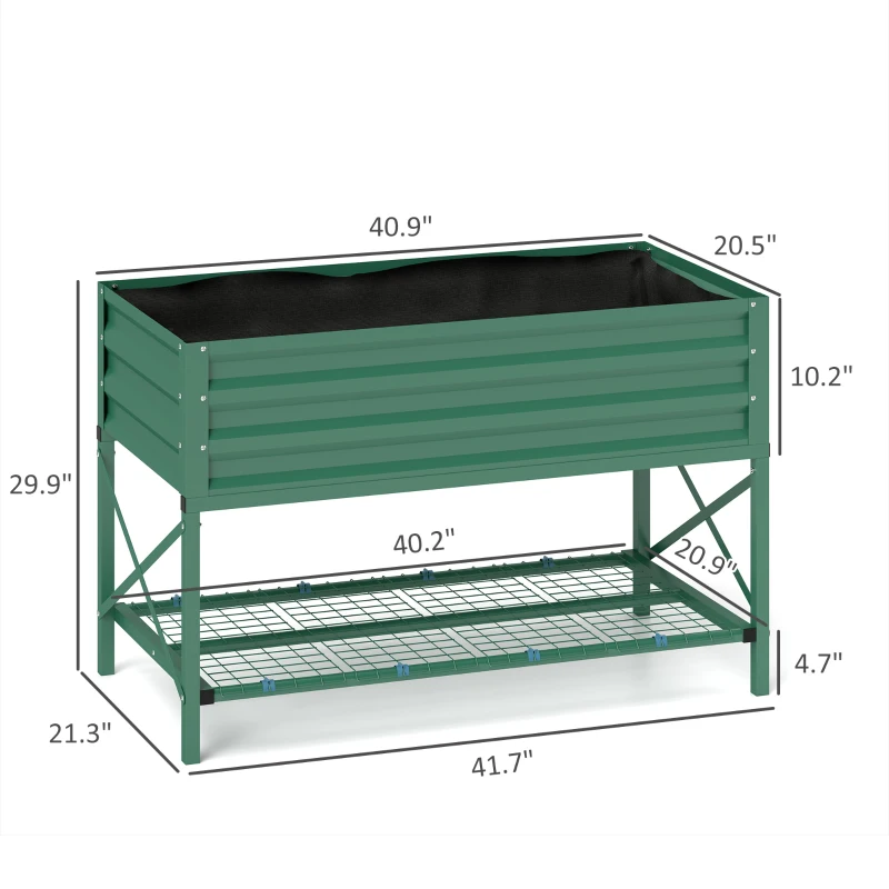 Outsunny Galvanized Raised Garden Bed, Metal Planter Box with Legs, Storage Shelf and Bed Liner, Green