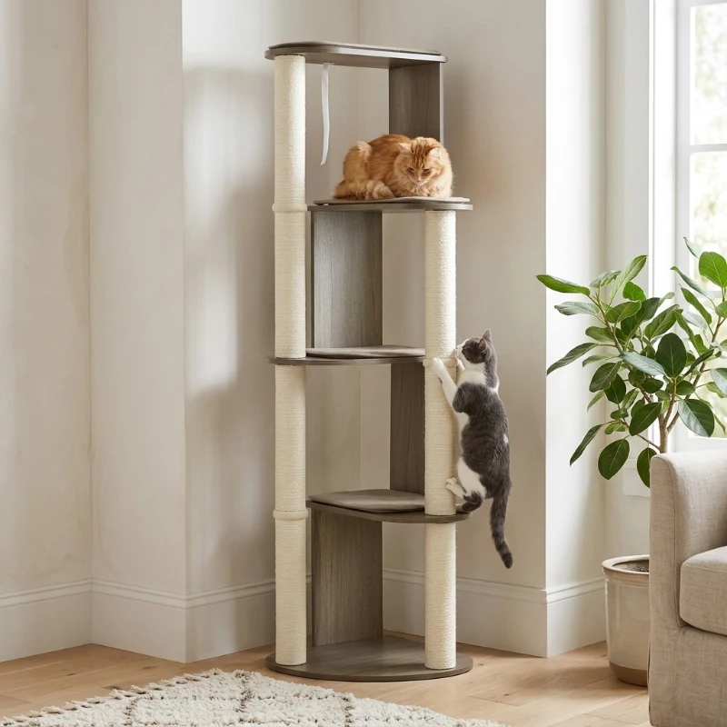 PawHut 65" Corner Modern Cat Tree Tall for Climbing, Large Multilevel Cat Tower with Scratching Posts, Cream White