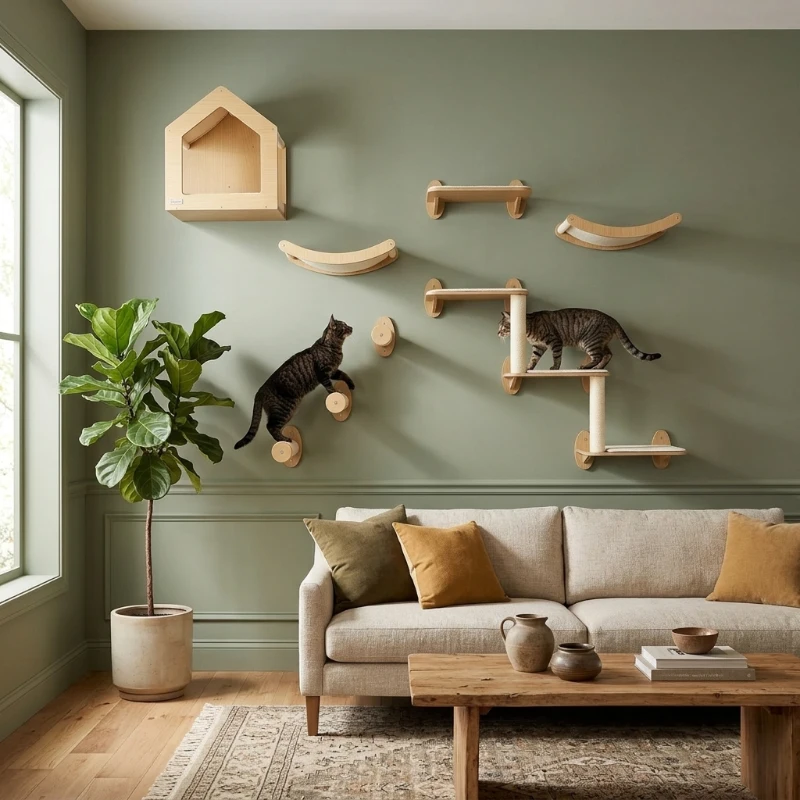 PawHut 8PCs Cat Wall Shelves Pet Wall-mounted Climbing Shelf Set with Cushion Condo Scratching Posts Hammock Oak