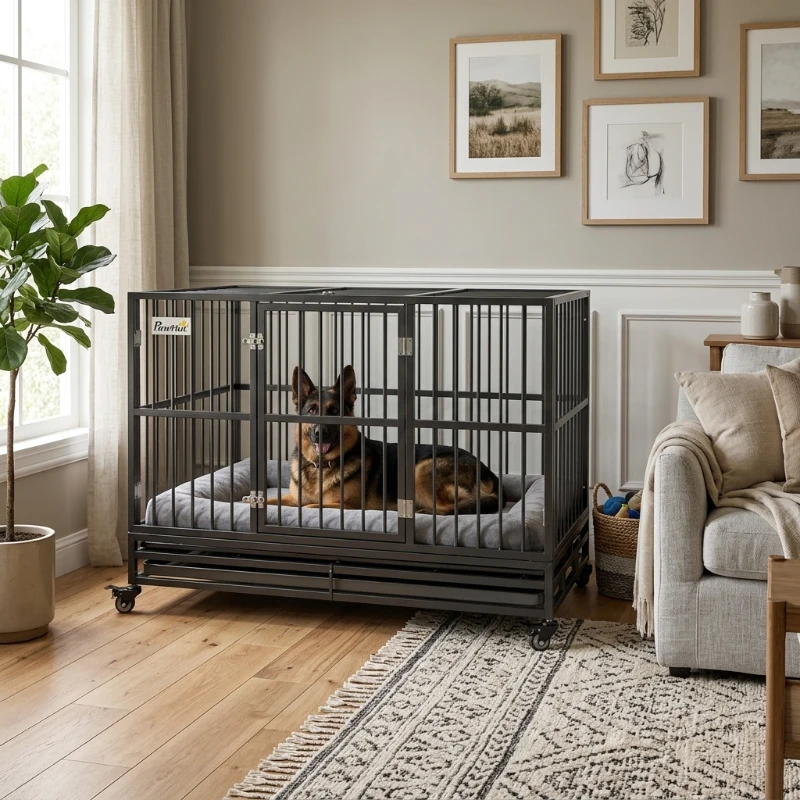 PawHut 48" Heavy Duty Dog Crate for Large Dogs with Double Doors, Removable Tray and Lockable Wheels, Black