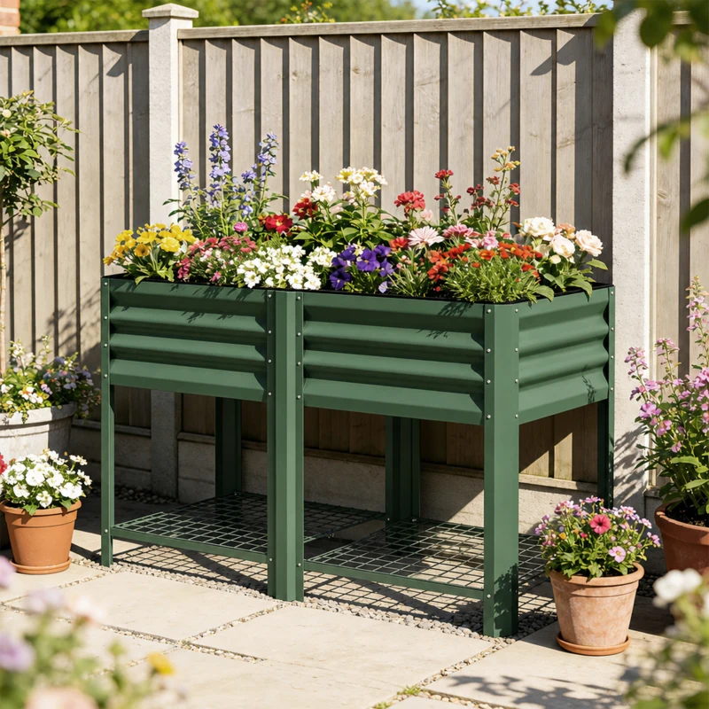 Outsunny Raised Garden Bed Galvanized Steel, Elevated Planter Box with Storage Shelf, Bed Liner, 31.5" High, Green