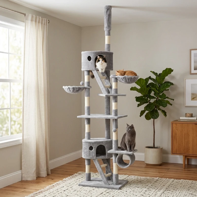 PawHut Cat Tree, 94.5"-102.5" Adjustable Floor-to-Ceiling Tower with Scratching Posts and Hammocks, Gray