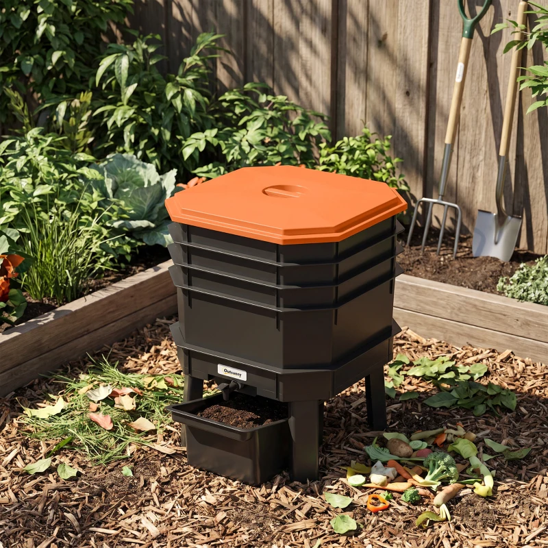 Outsunny 4-Tray Worm Composter Bin, 7.4 Gal Outdoor & Indoor Worm Composter for Recycling Food Waste, Orange