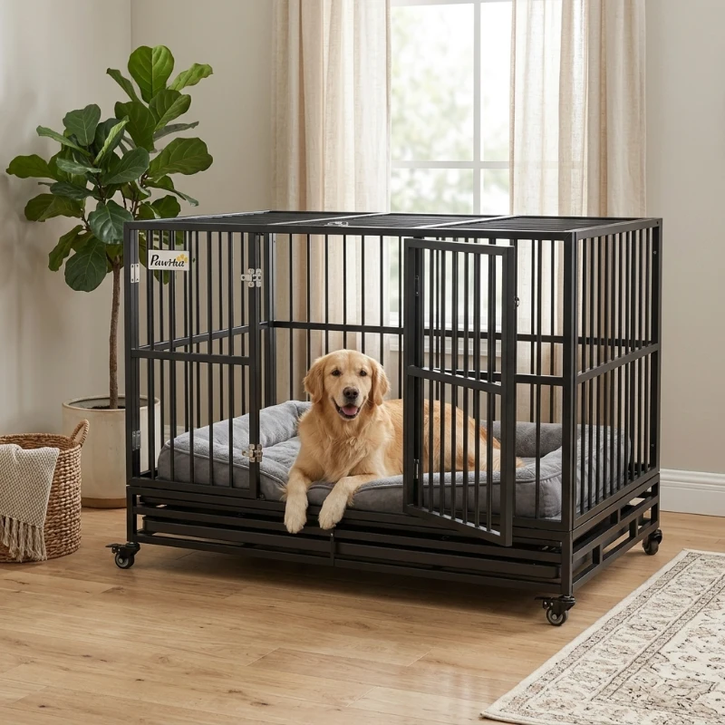 PawHut 48" Heavy Duty Dog Crate for Large Dogs with Double Doors, Removable Tray and Lockable Wheels, Black