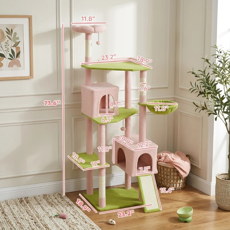 PawHut 74" Flower Cat Tree, Large Cat Tower with Scratching Post & Board for Indoor Cats, Pink