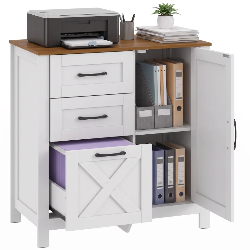 HOMCOM Filing Cabinet with 3 Drawers Printer Stand Adjustable Shelf Door Cabinet White Walnut