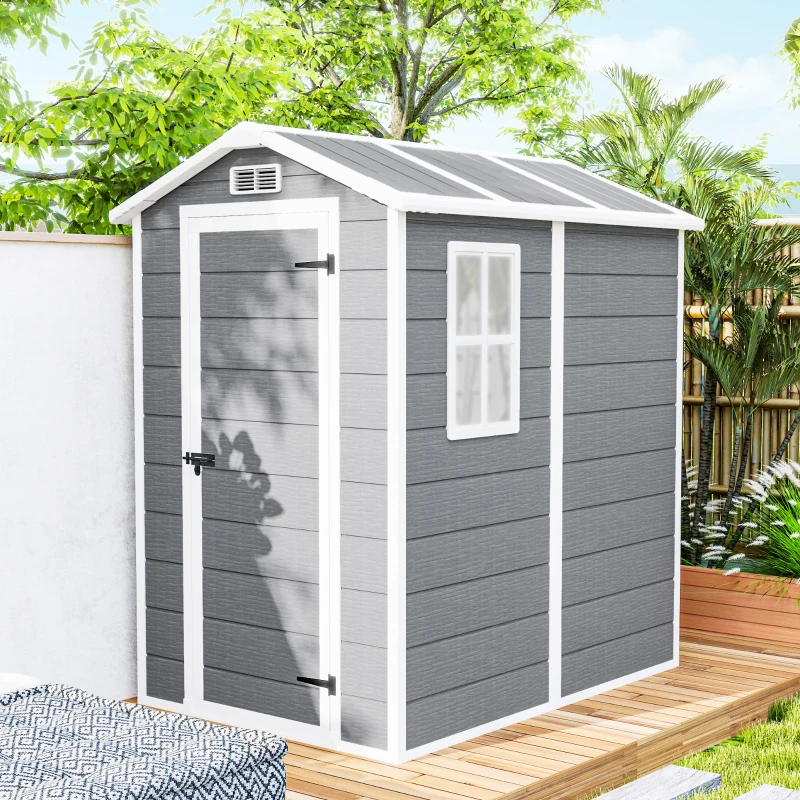 Outsunny 4' x 6' Outdoor Storage Shed, Plastic Shed with Floor, Window, Lockable Door and Vents for Outdoor Patio Storage, Gray