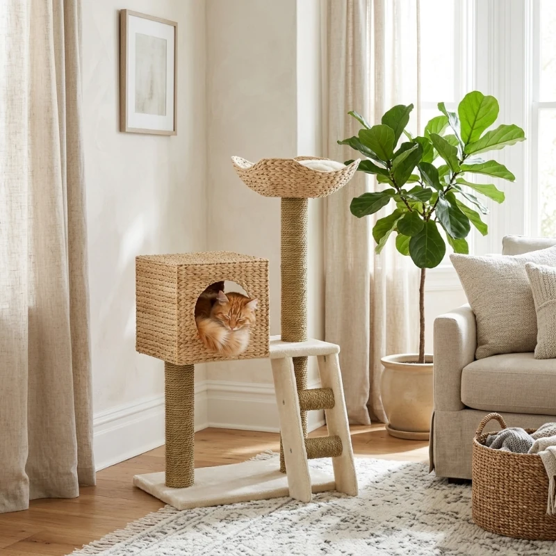 PawHut Cattail Weave Cat Tree for Indoor Cats Kitty Tower with Rattan Cat Condo, Wicker Bed, Ladder, Washable Cushions, 22.5" x 14.5" x 39.5", Natural