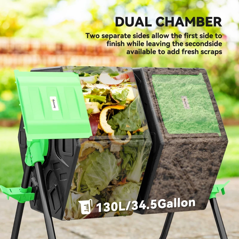 Outsunny Rotating Composter, Dual Chamber Compost Bin with 24 Vents and Steel Legs, 34.5 Gallon, Green