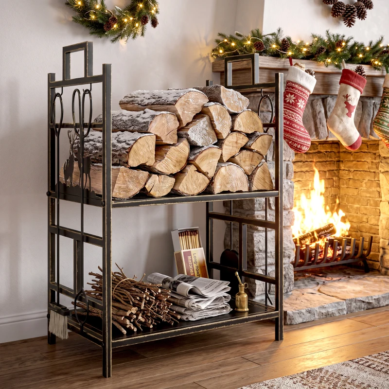Outsunny 20.25" x 13" x 30.25" 2-Layer Heavy Duty Firewood Rack Wood Log Fireplace Stacker  w/ 4 Tools, Black and Gold