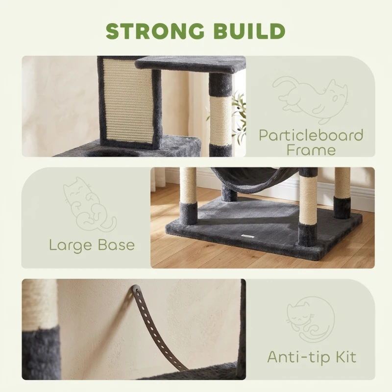 PawHut 81" Cat Tree w/ Cat Scratching Posts, Scratching Board, Condos, Beds, Hammocks, Toy Balls, Rope Cat Toy, Gray