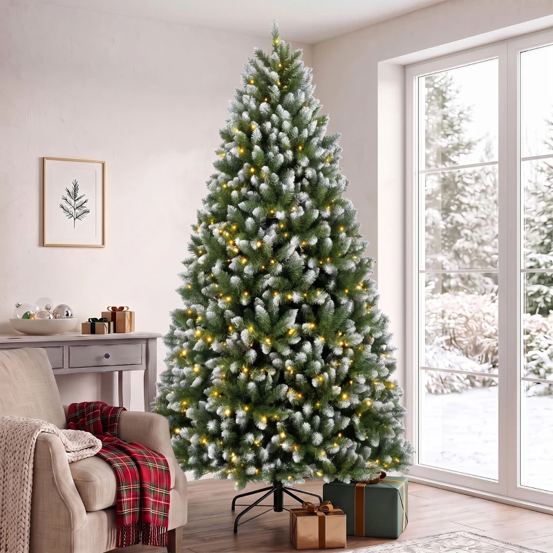 HOMCOM 7.5ft Pre-lit Artificial Christmas Tree White-Tipped Hinged Full Xmas Tree with 1378 Tips