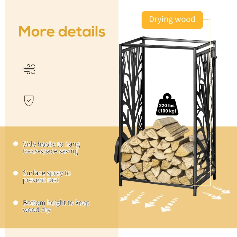HOMCOM 18.1" x 11.8" x 27.6" Firewood Rack with 4 Tools, Log Holder for Fireplace, Outdoor Indoor Wood Storage Stacker, Black