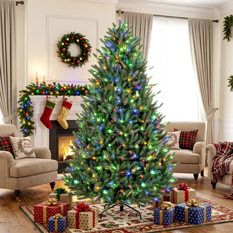 HOMCOM 7.5ft Prelit Christmas Tree, Colorado Blue Spruce, Easy Plug, Hinged Xmas Tree with Warm White & Multi-Color LED Lights