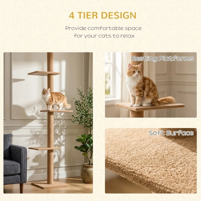PawHut 4-level Platform Cat Tree with Sisal-Covered Scratching Posts Natural Cat Tree Activity Center for kittens , Brown