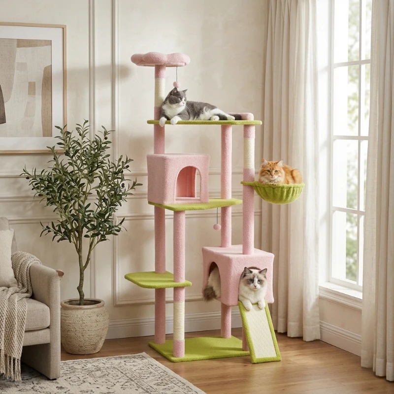 PawHut 74" Flower Cat Tree, Large Cat Tower with Scratching Post & Board for Indoor Cats, Pink