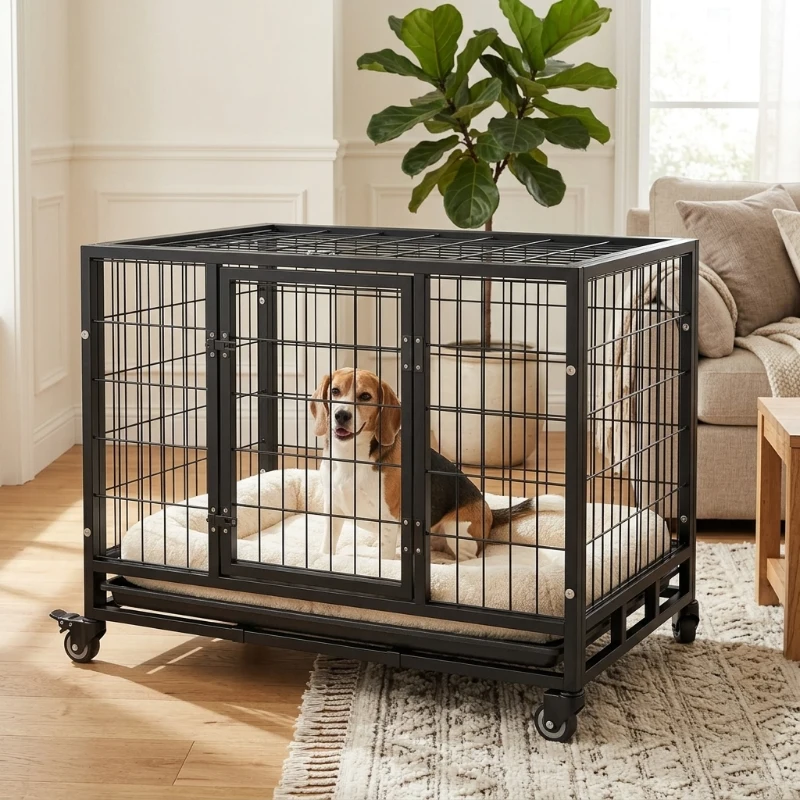 PawHut Heavy-Duty Dog Crate, 36-Inch with Removable Cleaning Tray and Lockable Wheels, Black