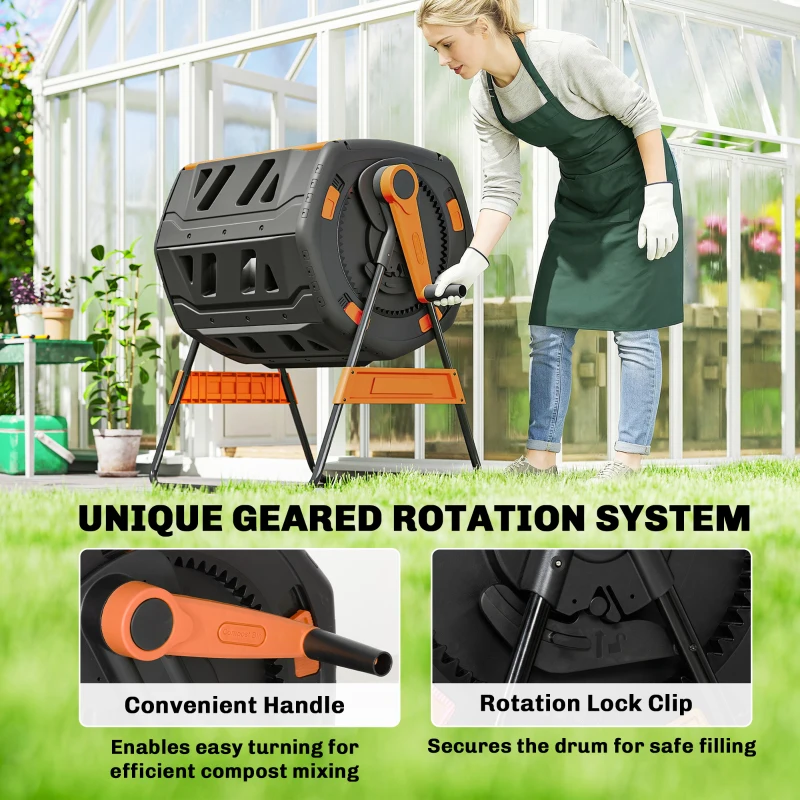 Outsunny Compost Bin Outdoor, 53 Gal Dual Chamber Tumbling Composter with Adjustable Vents, BPA Free Tumbling Composter, Orange