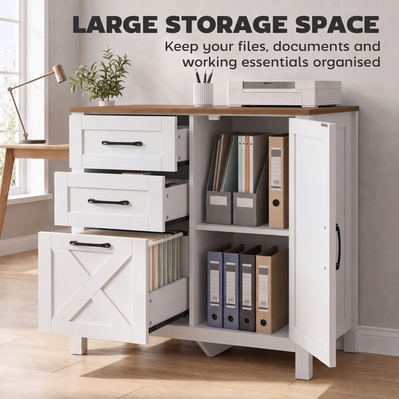HOMCOM Filing Cabinet with 3 Drawers Printer Stand Adjustable Shelf Door Cabinet White Walnut