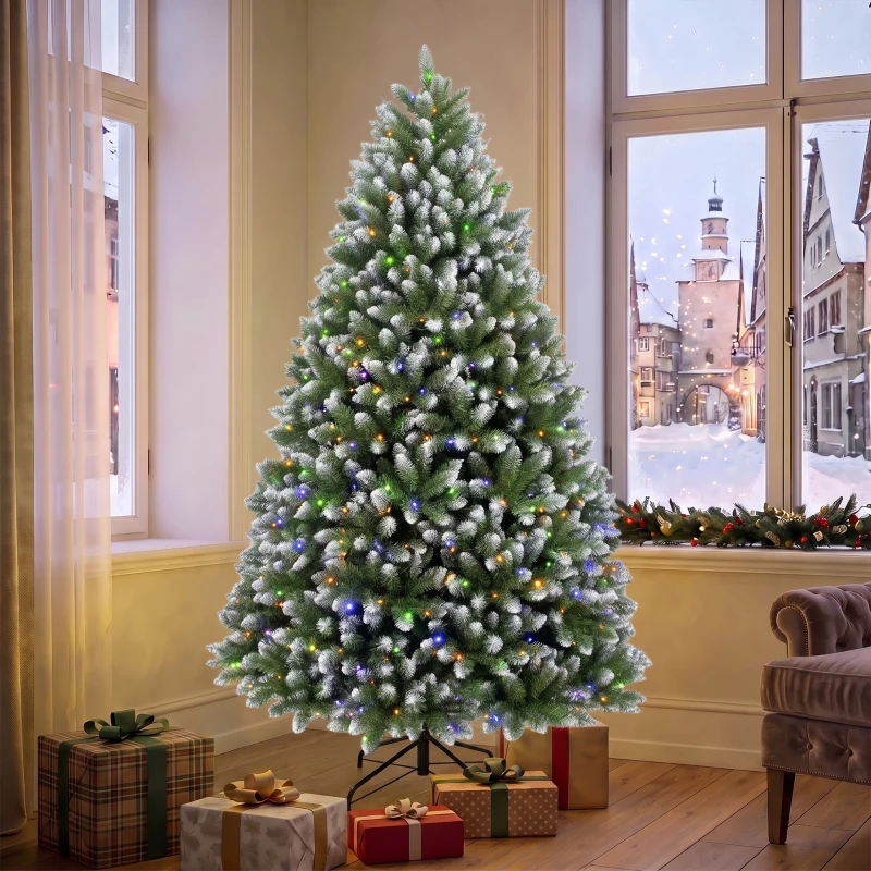 HOMCOM 6ft Pre-lit Artificial Christmas Tree White-Tipped Hinged Full Xmas Tree with 1020 Tips
