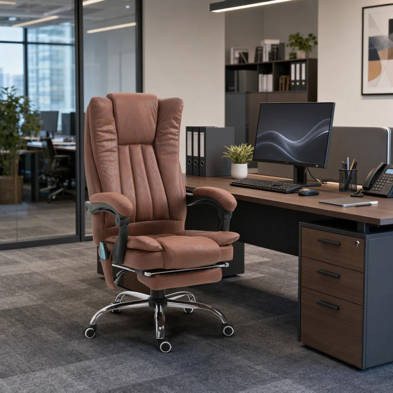 Vinsetto Office Chair 6-point Vibration Massage Chair Micro Fiber Recliner with Retractable Footrest Brown