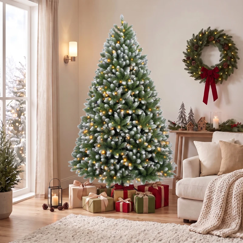 HOMCOM 6ft Pre-lit Artificial Christmas Tree White-Tipped Hinged Full Xmas Tree with 1020 Tips
