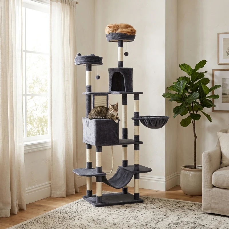 PawHut 81" Cat Tree w/ Cat Scratching Posts, Scratching Board, Condos, Beds, Hammocks, Toy Balls, Rope Cat Toy, Gray