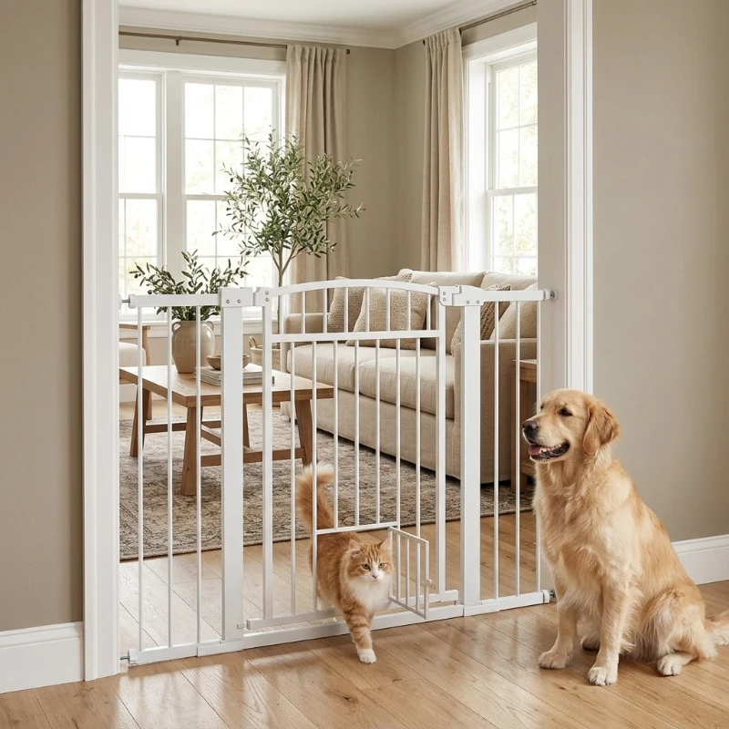 PawHut 30"-41" Extra Wide Walk Through Dog Gate w/ Cat Door, 3-Inch & 5.5-Inch Extension Kits, 30" High