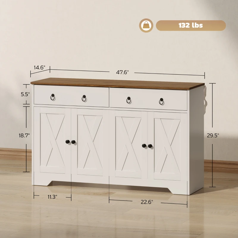 HOMCOM Kitchen Storage Sideboard, Farmhouse Buffet Cabinet with Barn Style Doors, Drawers, Adjustable Shelves, White