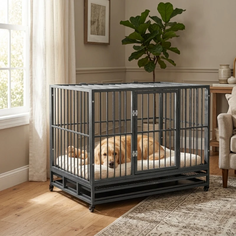 PawHut 43" Heavy Duty Dog Crate for Large Dogs with Double Doors, Removable Tray and Lockable Wheels, Grey