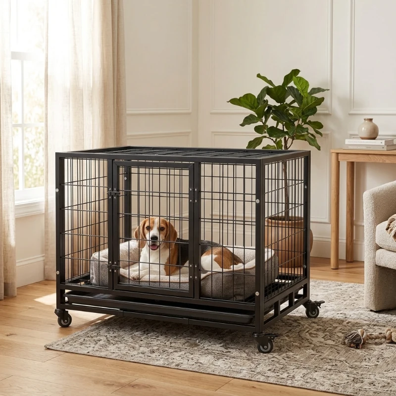 PawHut Heavy-Duty Dog Crate, 36-Inch with Removable Cleaning Tray and Lockable Wheels, Black