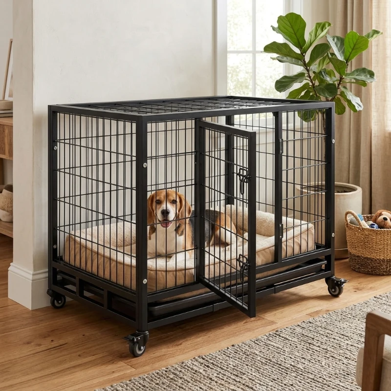PawHut Heavy-Duty Dog Crate, 36-Inch with Removable Cleaning Tray and Lockable Wheels, Black