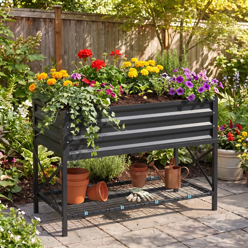 Outsunny Galvanized Raised Garden Bed, Metal Planter Box with Legs, Storage Shelf and Bed Liner, Dark Gray