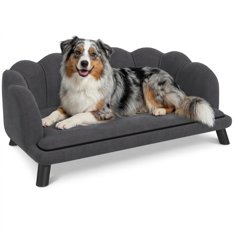 PawHut Pearl Design Pet Sofa for Medium and Large Sized Dogs, Pet Bed with Cushion and Solid Wood Legs, Charcoal Gray