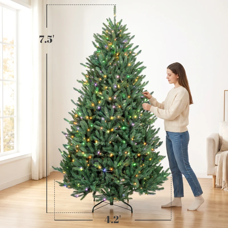 HOMCOM 7.5ft Prelit Christmas Tree, Colorado Blue Spruce, Easy Plug, Hinged Xmas Tree with Warm White & Multi-Color LED Lights