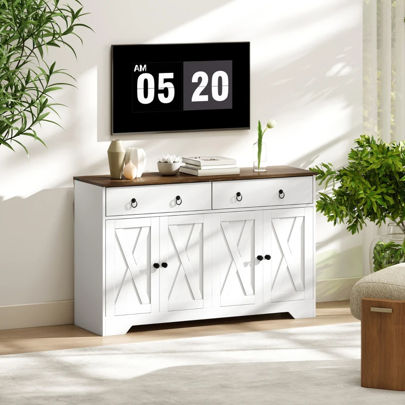HOMCOM Kitchen Storage Sideboard, Farmhouse Buffet Cabinet with Barn Style Doors, Drawers, Adjustable Shelves, White