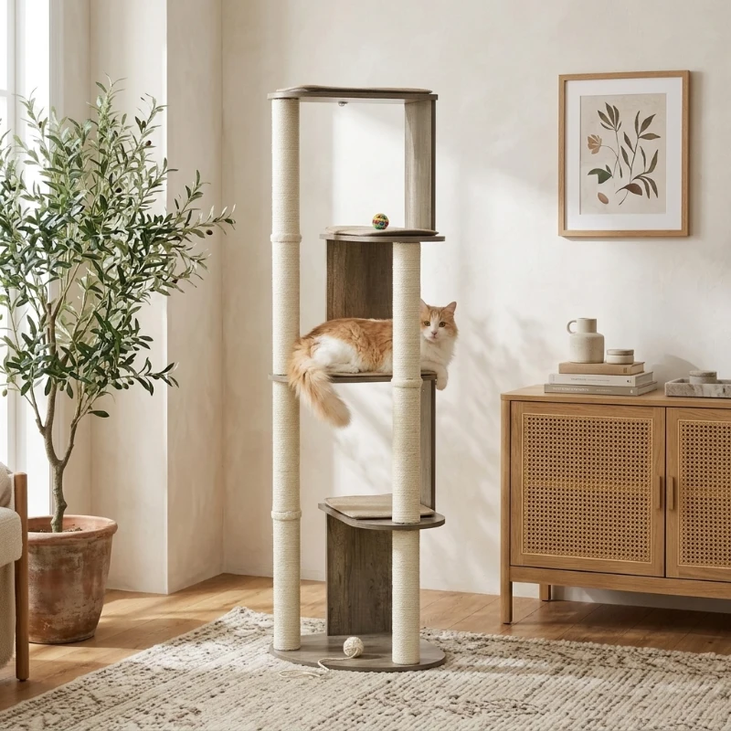 PawHut 65" Corner Modern Cat Tree Tall for Climbing, Large Multilevel Cat Tower with Scratching Posts, Cream White