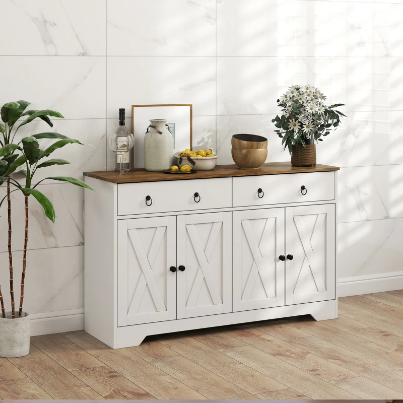 HOMCOM Kitchen Storage Sideboard, Farmhouse Buffet Cabinet with Barn Style Doors, Drawers, Adjustable Shelves, White