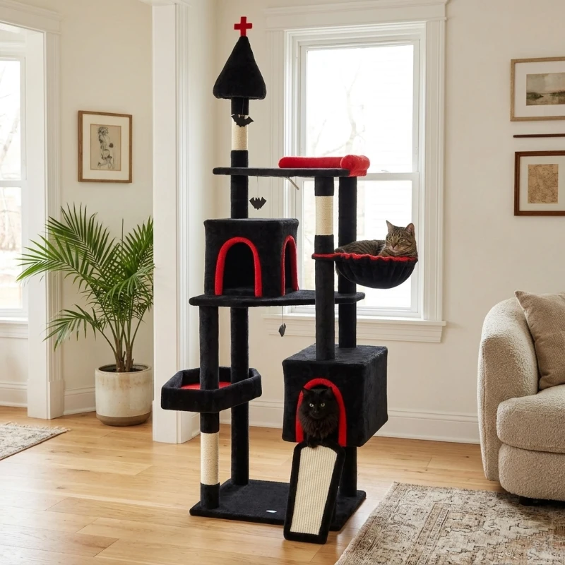 PawHut 78" Gothic Cat Tree, Cat Tower with Coffin Bed, 2 Spacious Condos, Sisal Scratching Posts, Bat Hanging Balls, Halloween