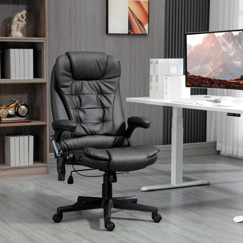 HOMCOM Office Chair Heated Ergonomic Massage Swivel Vibrating High Back Faux Leather Executive Chair Office (Brown)