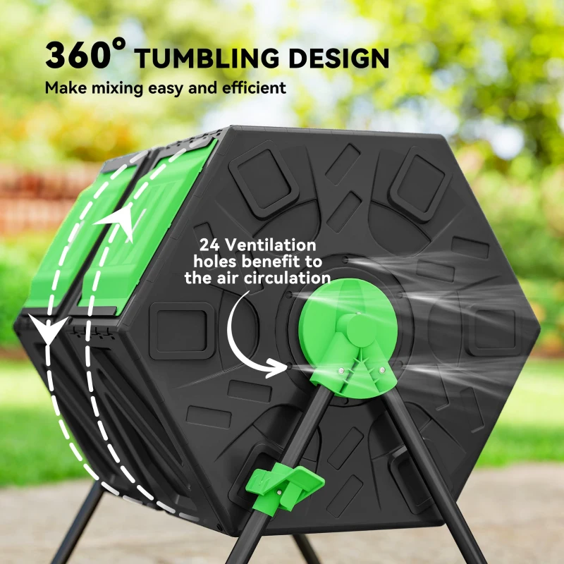 Outsunny Rotating Composter, Dual Chamber Compost Bin with 24 Vents and Steel Legs, 34.5 Gallon, Green